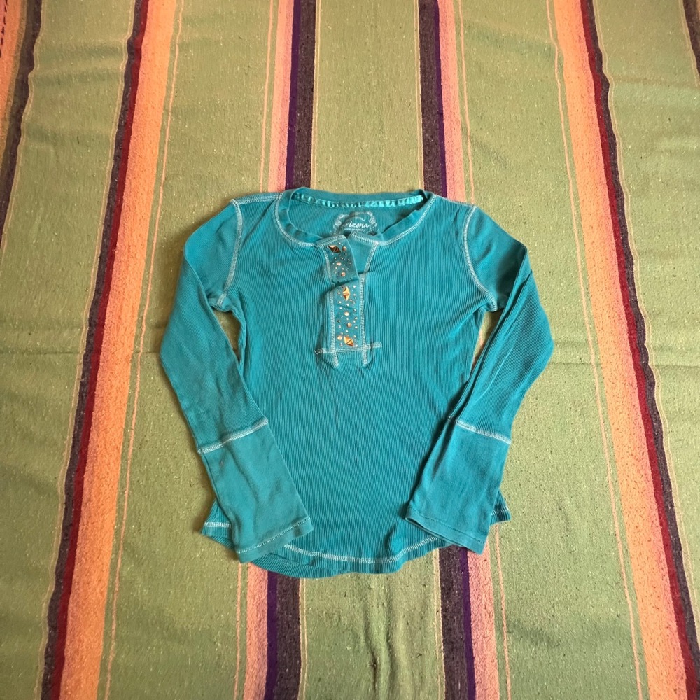 Arizona Henley Top Girls M 10/12 Turquoise Studded Long Sleeve Ribbed Y2K Indie